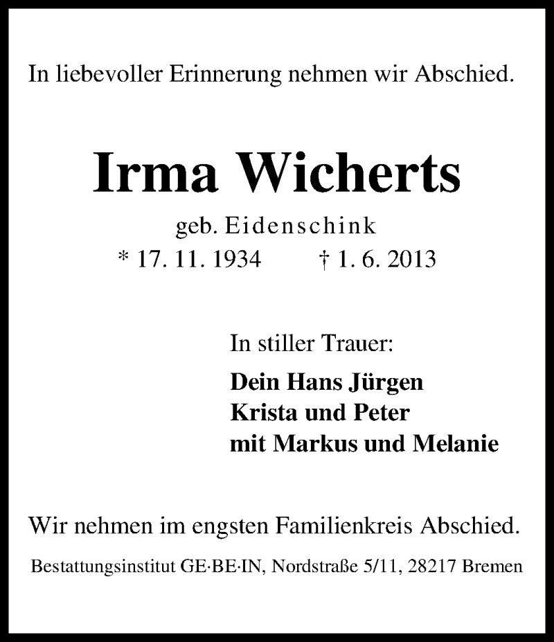 Traueranzeige von Irma Wicherts von WESER-KURIER