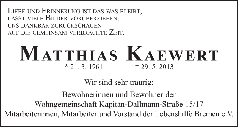 Traueranzeige von Matthias Kaewert von WESER-KURIER