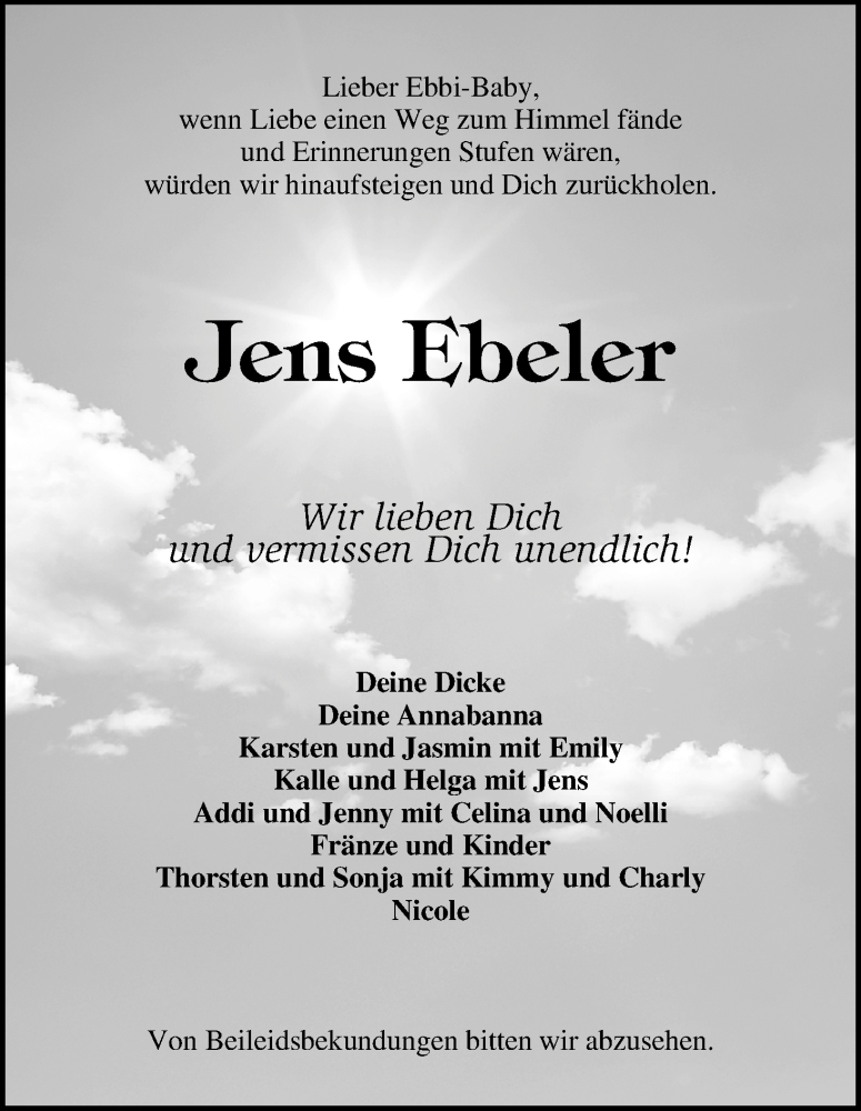 Traueranzeige von Jens Ebeler von WESER-KURIER