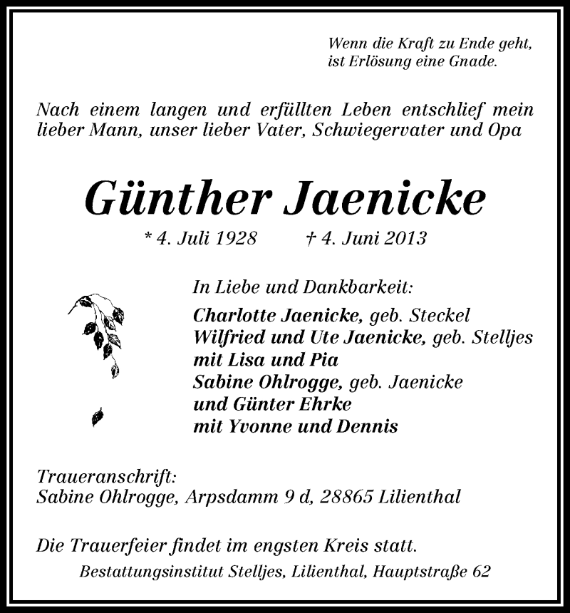 Traueranzeige von Günther Jaenicke von WESER-KURIER