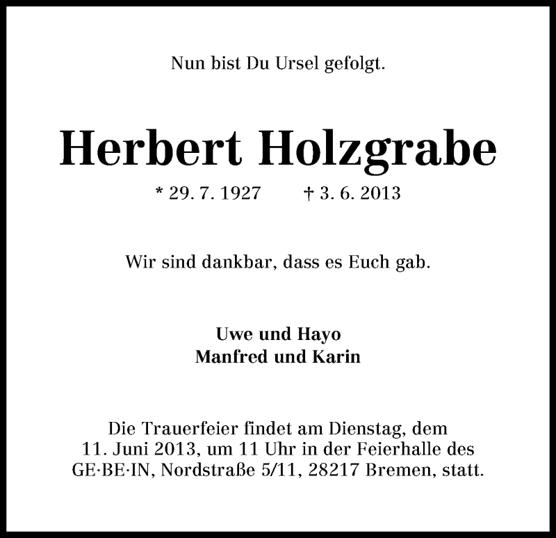 Traueranzeige von Herbert Holzgrabe von WESER-KURIER