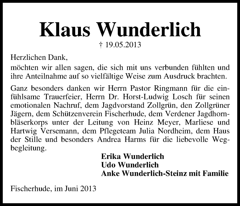 Traueranzeige von Klaus Wunderlich von WESER-KURIER
