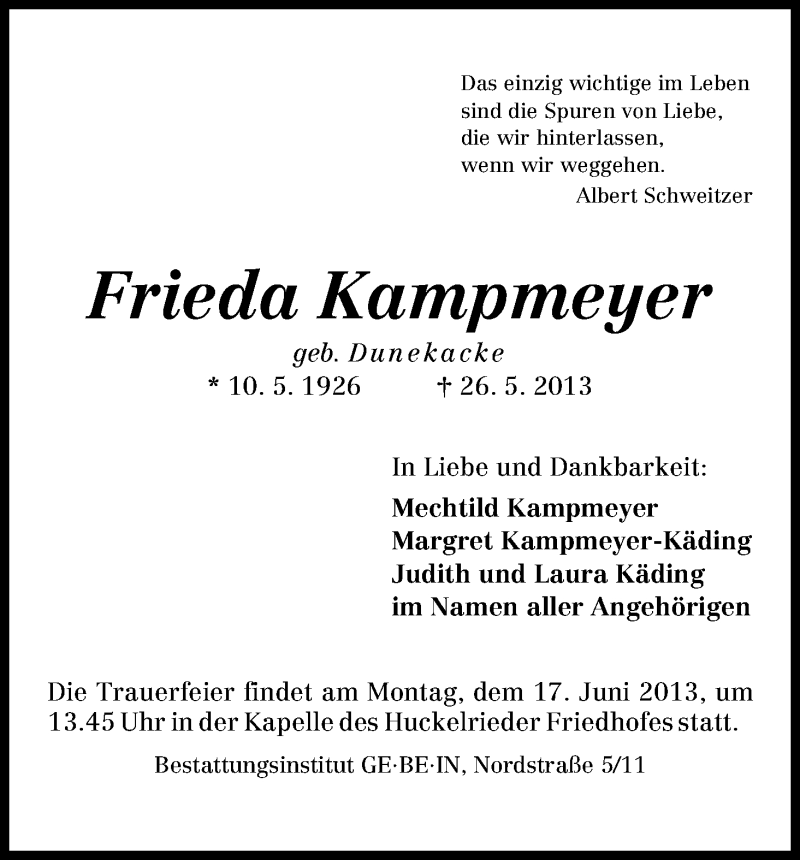 Traueranzeige von Frieda Kampmeyer von WESER-KURIER