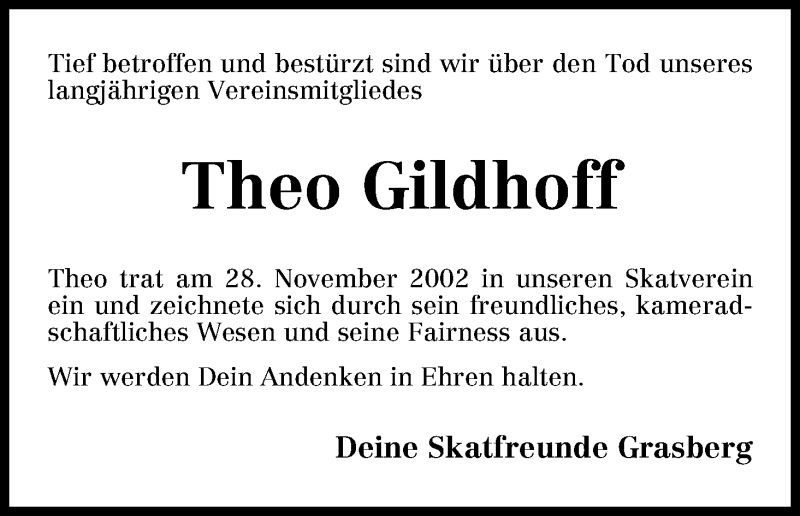 Traueranzeige von Theo Gildhoff von WESER-KURIER