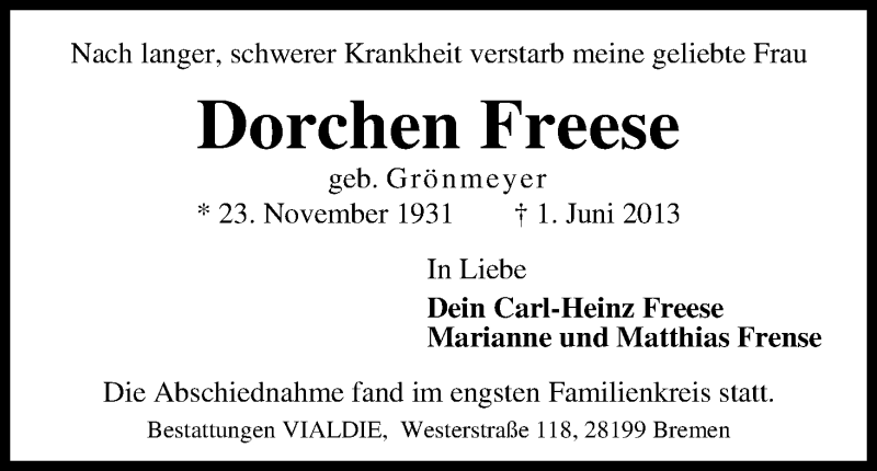 Traueranzeige von Dorchen Freese von WESER-KURIER