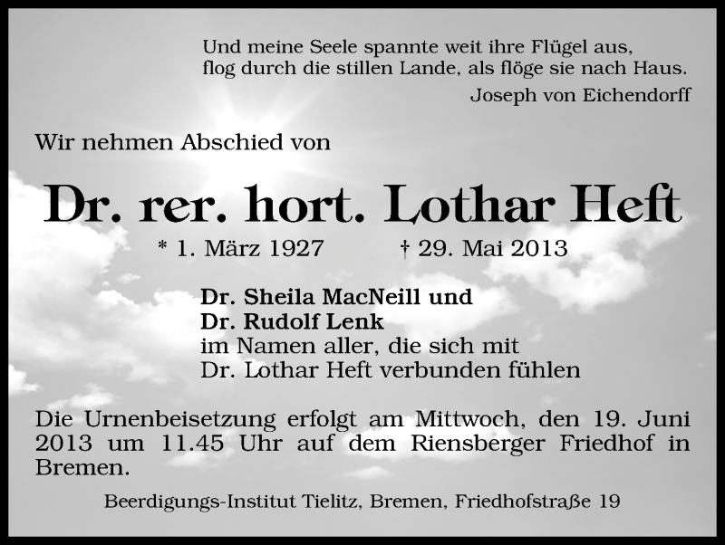 Traueranzeige von Lothar Heft von WESER-KURIER