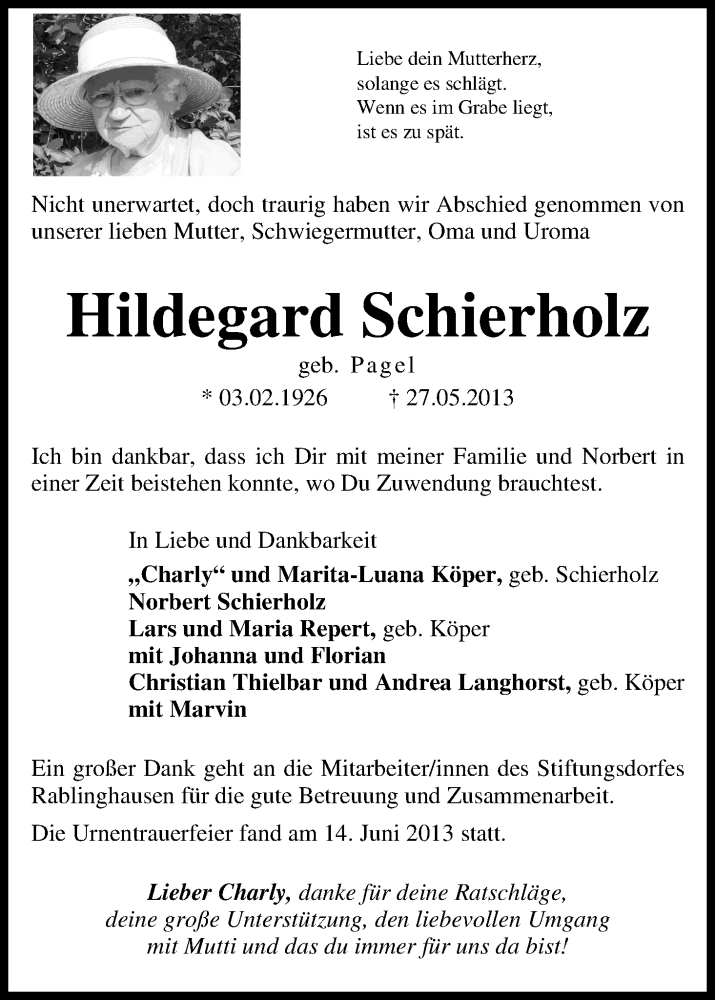 Traueranzeige von Hildegard Schierholz von WESER-KURIER