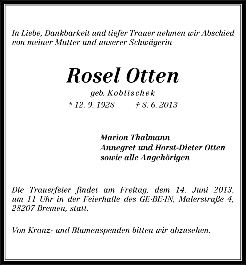 Traueranzeige von Rosel Otten von WESER-KURIER