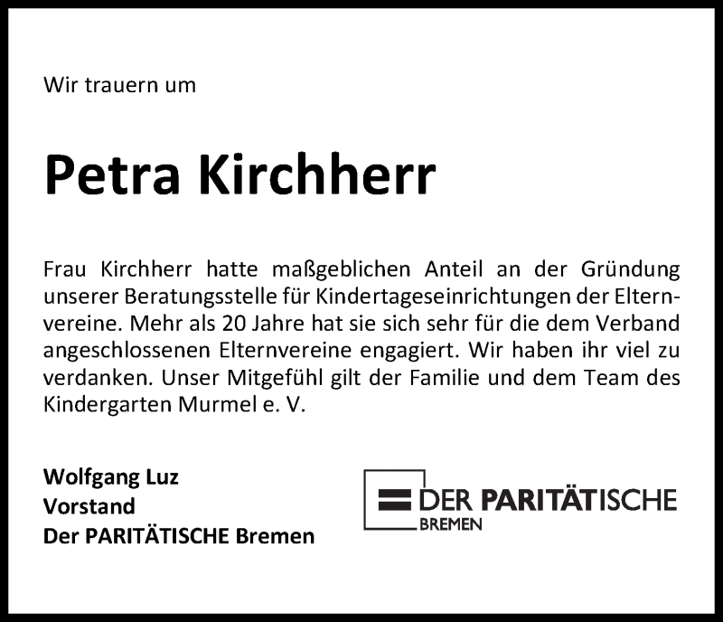 Traueranzeige von Petra Kirchherr von WESER-KURIER
