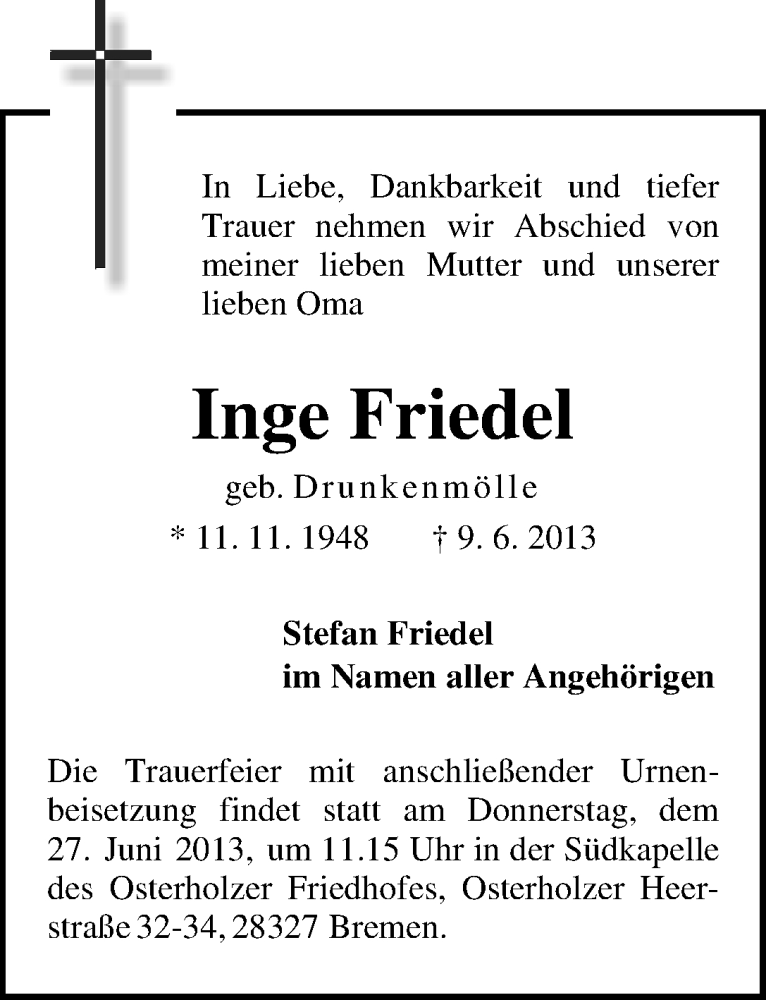 Traueranzeige von Inge Friedel von WESER-KURIER