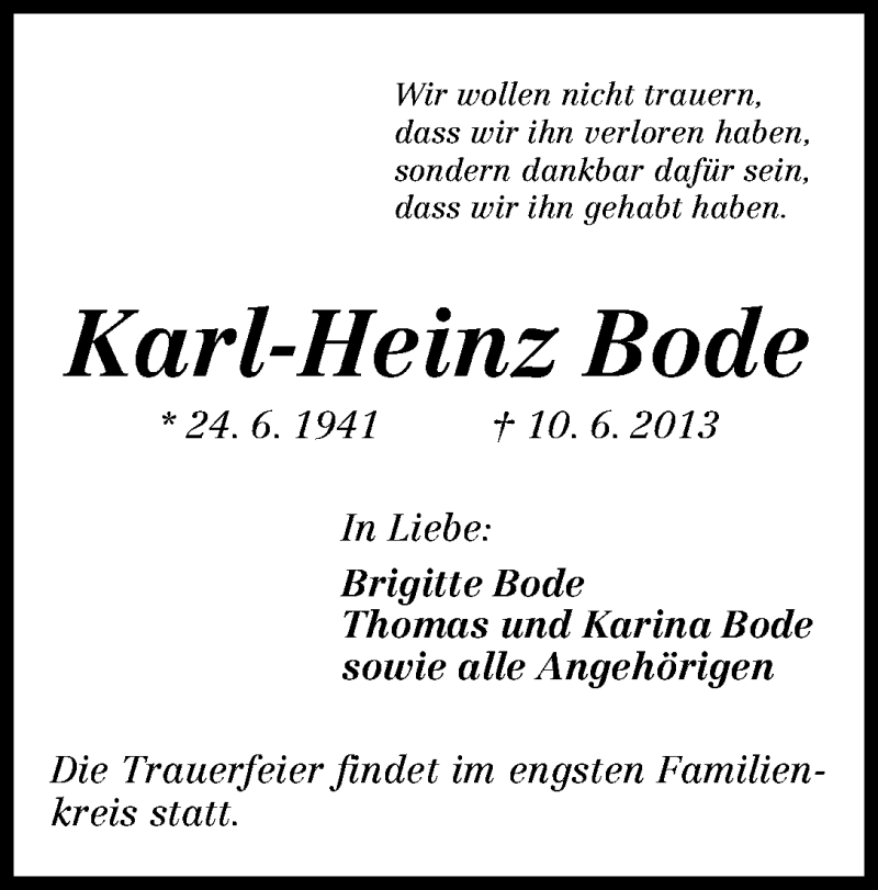 Traueranzeige von Karl-Heinz Bode von WESER-KURIER