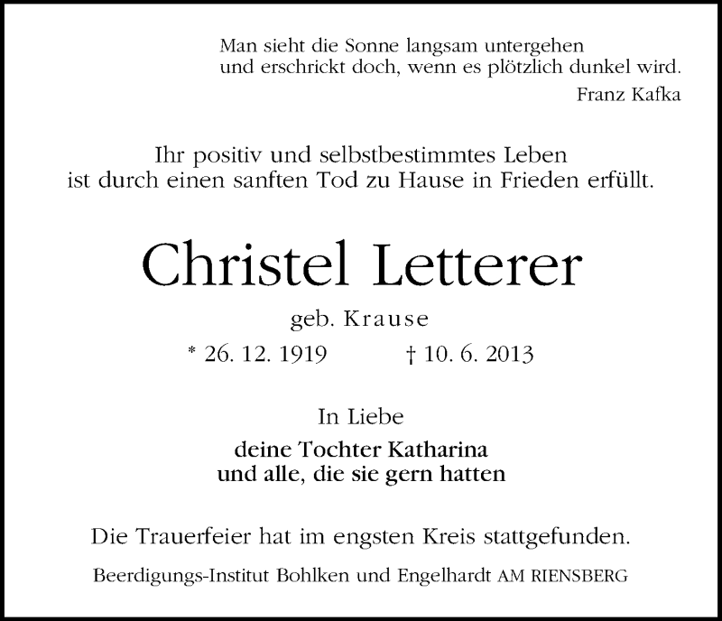 Traueranzeige von Christel Letterer von WESER-KURIER