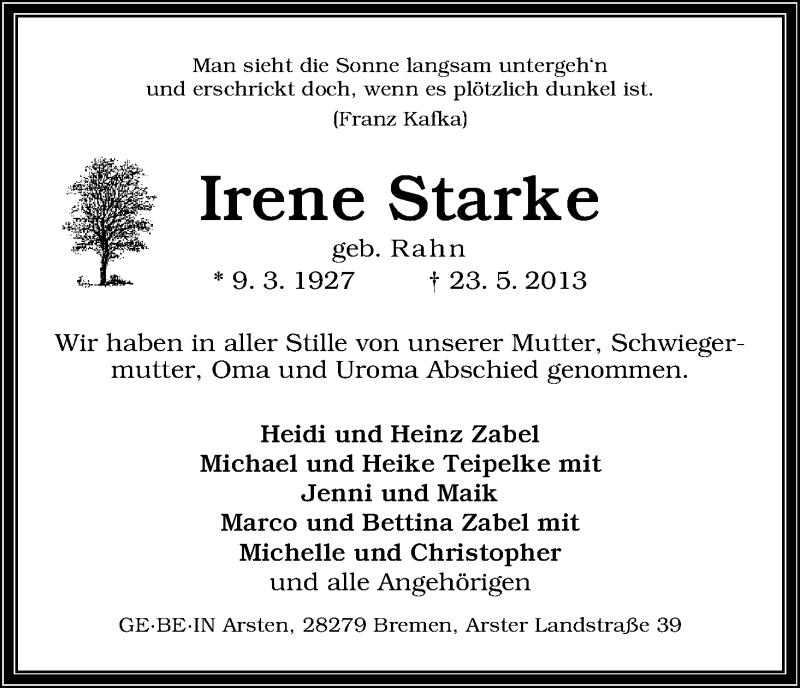 Traueranzeige von Irene Starke von WESER-KURIER