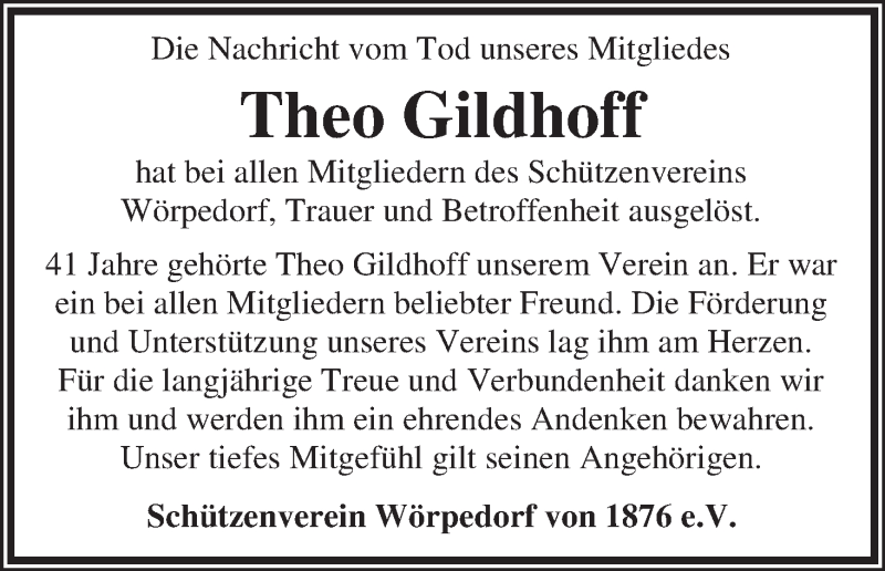 Traueranzeige von Theo Gildhoff von WESER-KURIER