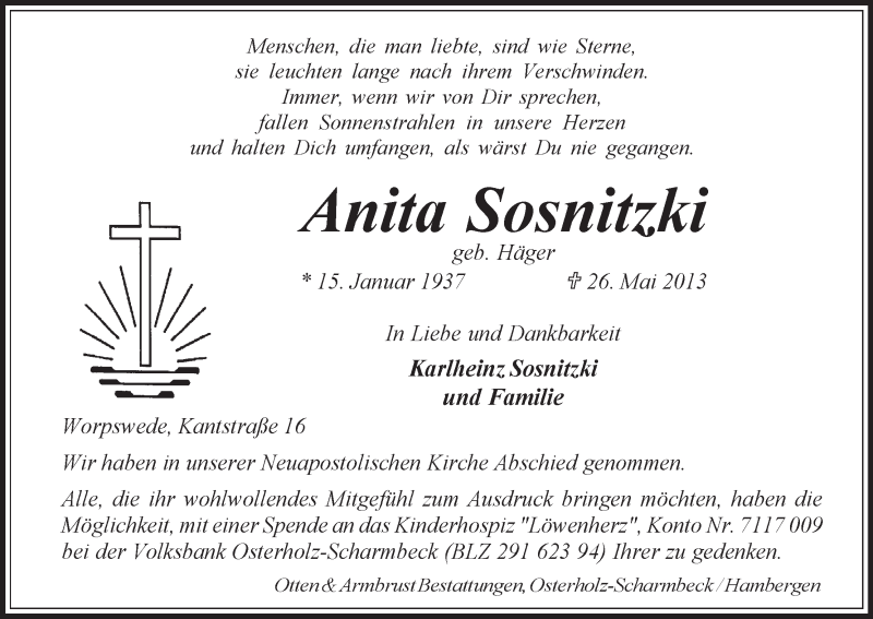Traueranzeige von Anita Sosnitzki von WESER-KURIER