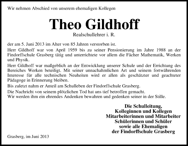 Traueranzeige von Theo Gildhoff von WESER-KURIER