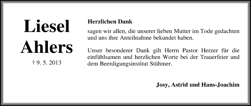 Traueranzeige von Liesel Ahlers von WESER-KURIER