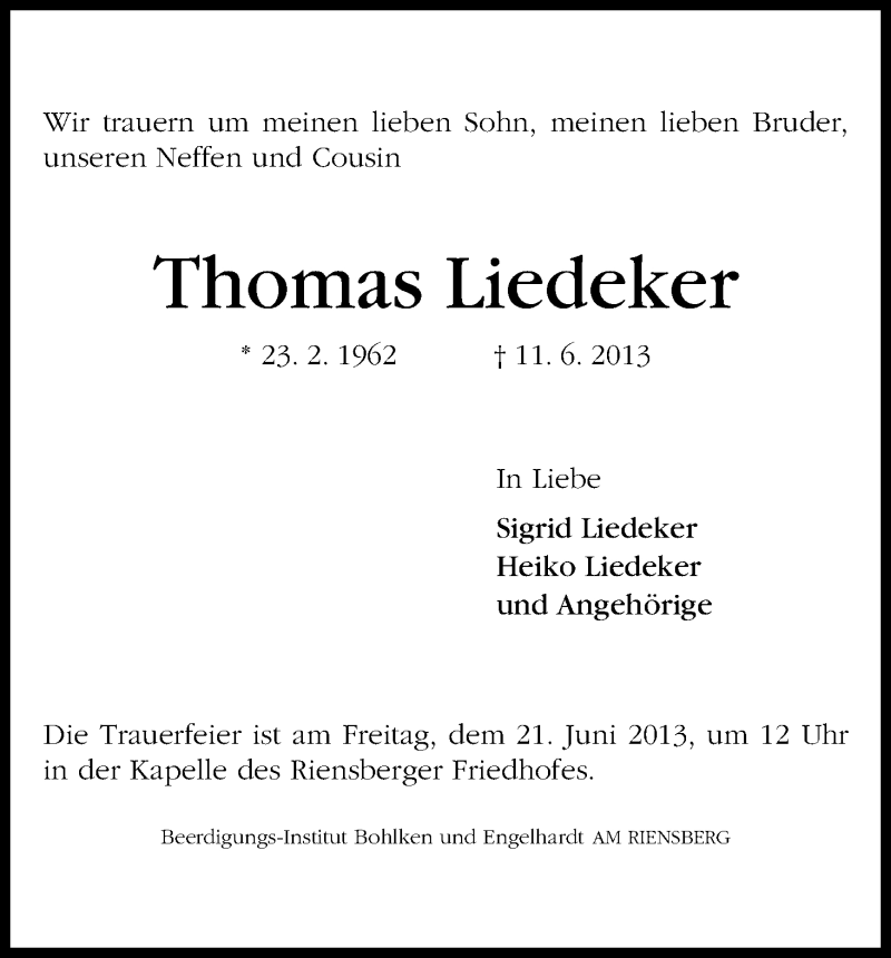 Traueranzeige von Thomas Liedeker von WESER-KURIER