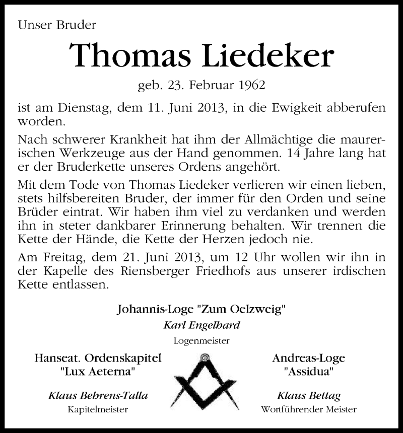 Traueranzeige von Thomas Liedeker von WESER-KURIER