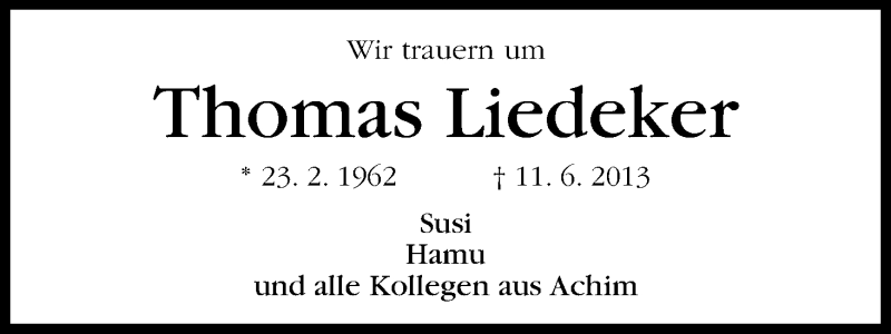 Traueranzeige von Thomas Liedeker von WESER-KURIER