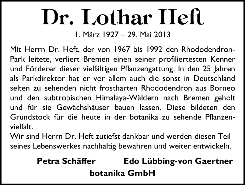 Traueranzeige von Lothar Heft von WESER-KURIER