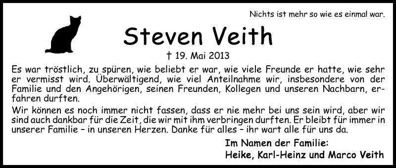 Traueranzeige von Steven Veith von WESER-KURIER