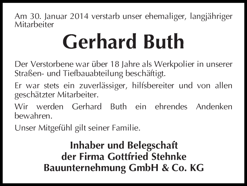 Traueranzeige von Gerhard Buth von WESER-KURIER