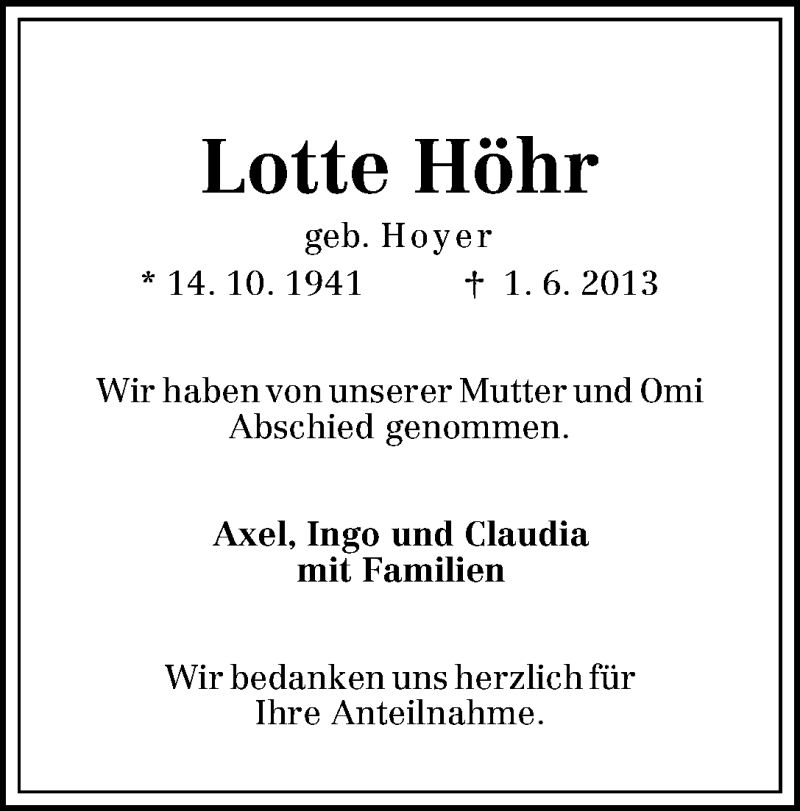 Traueranzeige von Lotte Höhr von WESER-KURIER