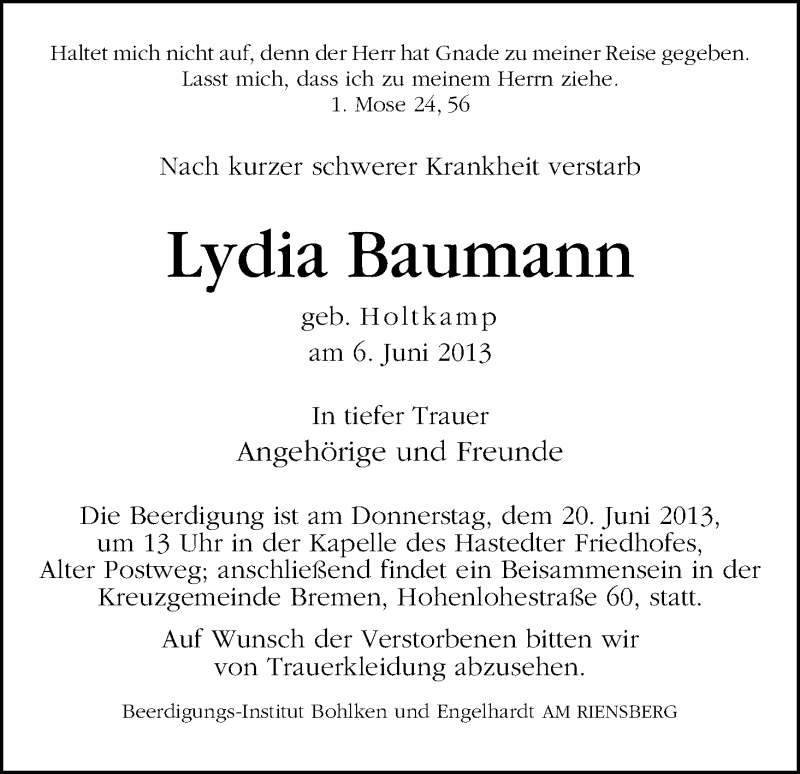 Traueranzeige von Baumann Lydia von WESER-KURIER