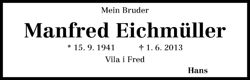 Traueranzeige von Manfred Eichmüller von WESER-KURIER