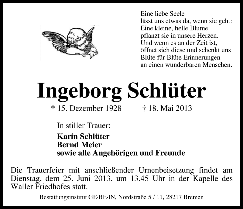 Traueranzeige von Ingeborg Schlüter von WESER-KURIER