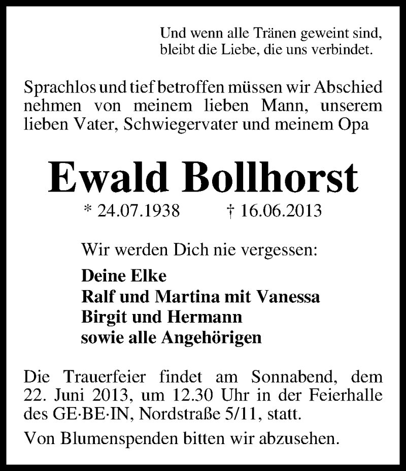 Traueranzeige von Ewald Bollhorst von WESER-KURIER
