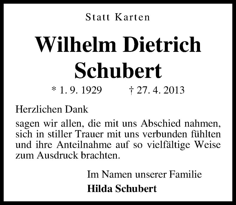 Traueranzeige von Wilhelm Dietrich Schubert von WESER-KURIER