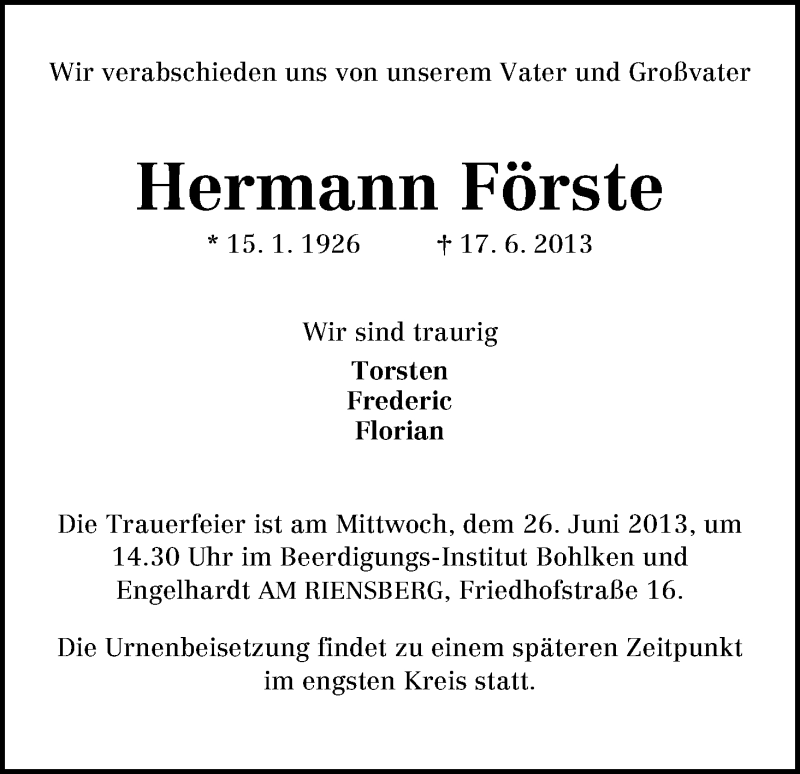 Traueranzeige von Hermann Förste von WESER-KURIER