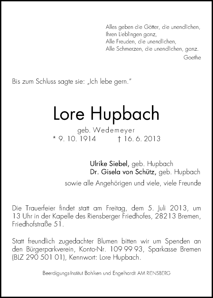 Traueranzeige von Lore Hupbach von WESER-KURIER
