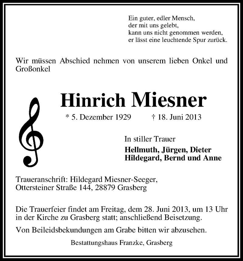 Traueranzeige von Hinrich Miesner von WESER-KURIER