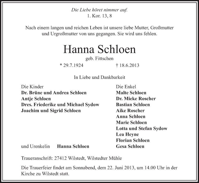 Traueranzeige von Hanna Schloen von WESER-KURIER
