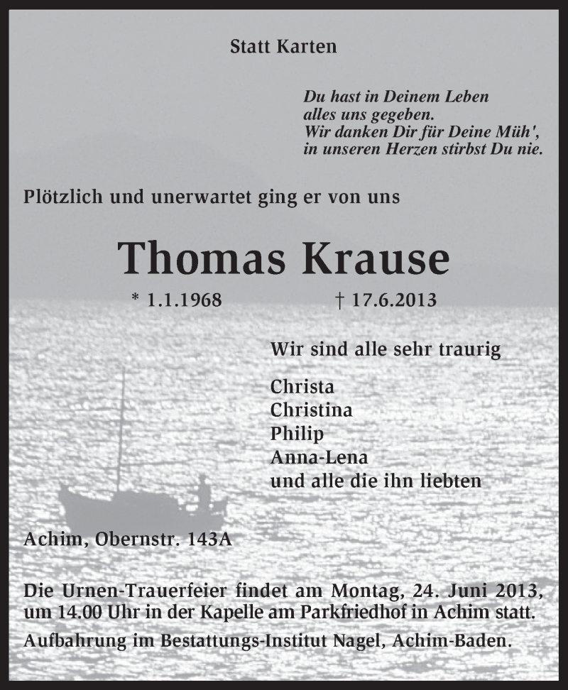 Traueranzeige von Thomas Krause von WESER-KURIER