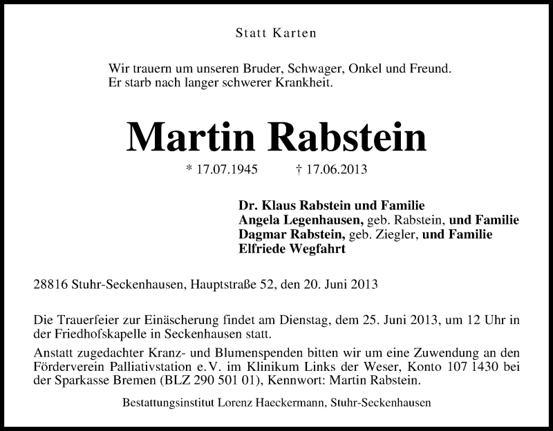 Traueranzeige von Martin Rabstein von WESER-KURIER