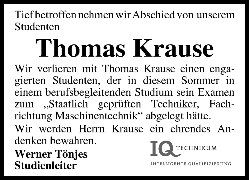 Traueranzeige von Thomas Krause von WESER-KURIER