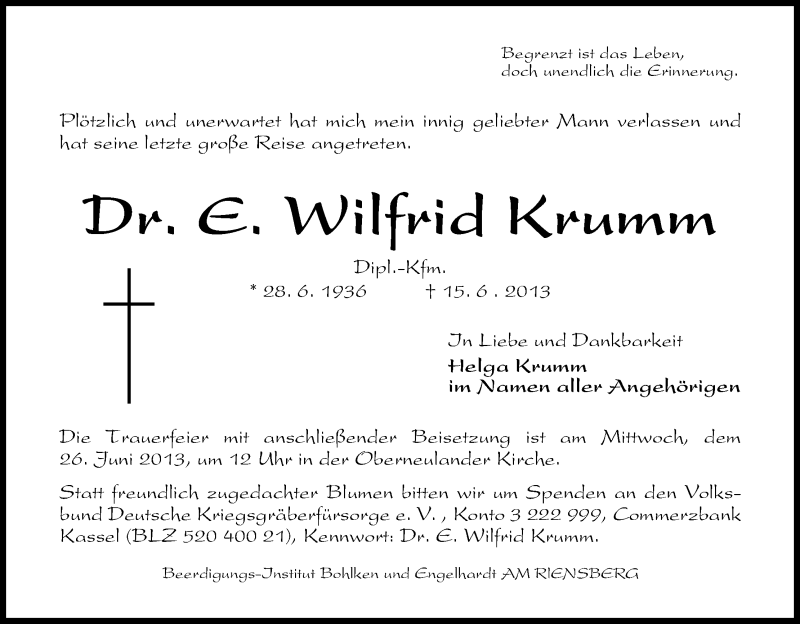 Traueranzeige von Wilfrid Krumm von WESER-KURIER