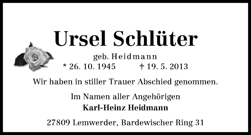 Traueranzeige von Ursel Schlüter von WESER-KURIER