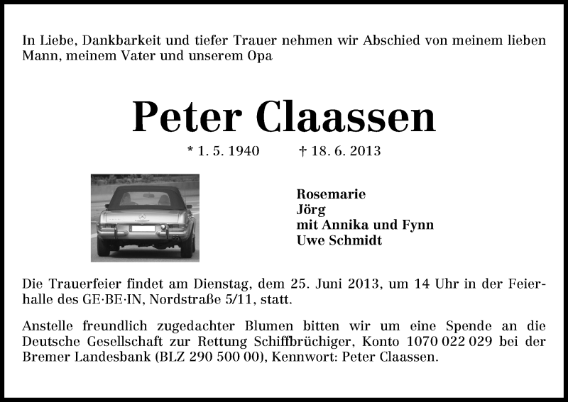 Traueranzeige von Peter Claassen von WESER-KURIER