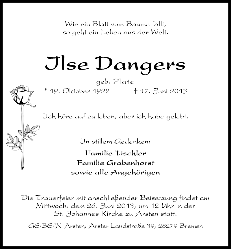 Traueranzeige von Ilse Dangers von WESER-KURIER