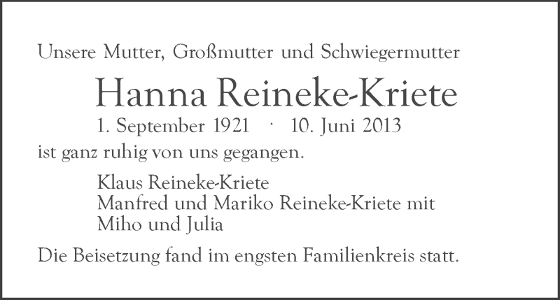 Traueranzeige von Hanna Reineke-Kriete von WESER-KURIER