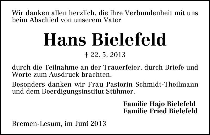 Traueranzeige von Hans Bielefeld von WESER-KURIER
