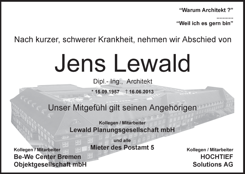 Traueranzeige von Jens Lewald von WESER-KURIER
