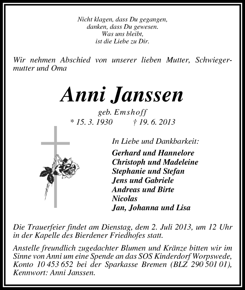Traueranzeige von Anni Janssen von WESER-KURIER