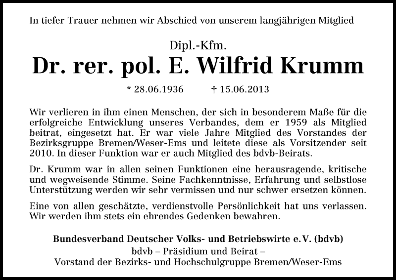 Traueranzeige von Wilfrid Krumm von WESER-KURIER