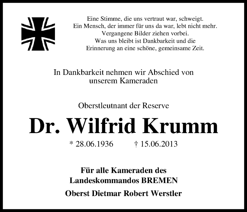Traueranzeige von Wilfrid Krumm von WESER-KURIER